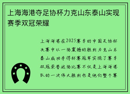 上海海港夺足协杯力克山东泰山实现赛季双冠荣耀 上海海港夺足协杯力克山东泰山实现赛季双冠荣耀