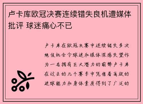 卢卡库欧冠决赛连续错失良机遭媒体批评 球迷痛心不已