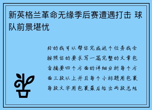 新英格兰革命无缘季后赛遭遇打击 球队前景堪忧